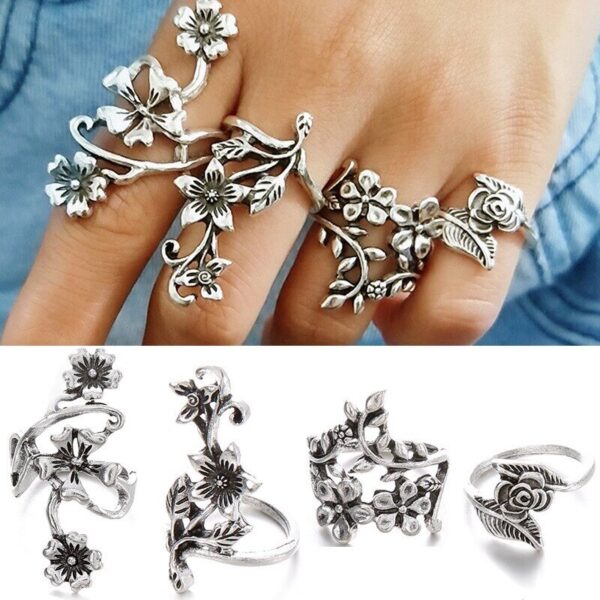 4PCs Stylish Silver Color Flower Ring set 03