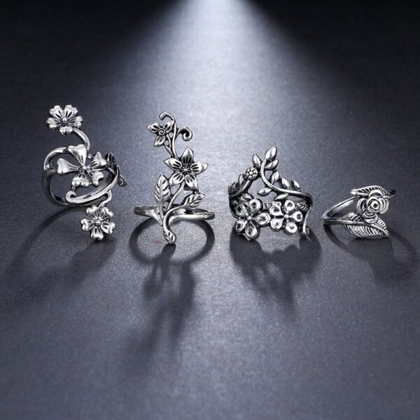 4PCs Stylish Silver Color Flower Ring set 02