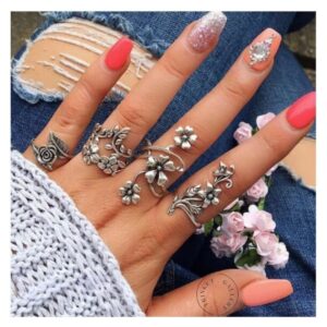 4PCs Stylish Silver Color Flower Ring Set