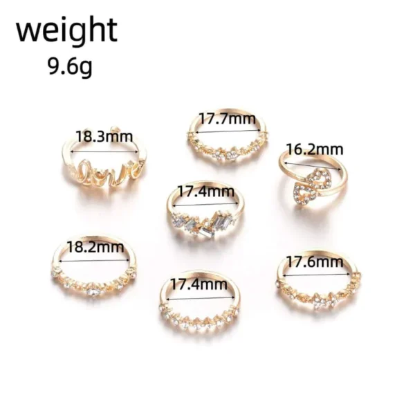 Love Heart Stone Finger Ring Set 7pcs -size