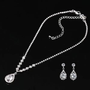 Silver Crystal Waterdrop Pendant Necklace & Earrings Jewelry Set