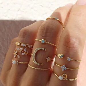 10Pcs Beautiful Gold Color Moon Star Finger Ring Set